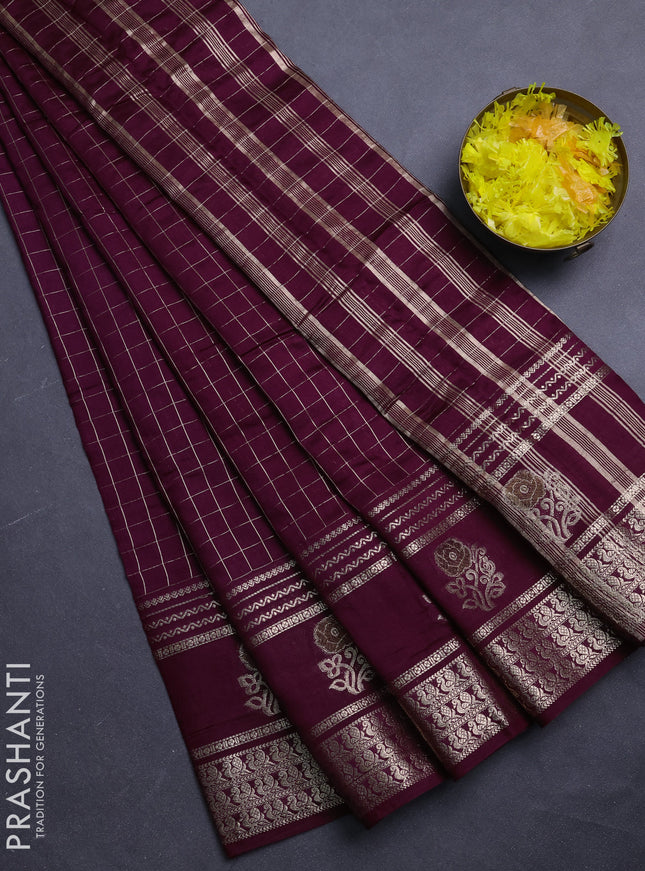 Semi chanderi saree wine shade and rust shade with allover zari checked pattern and rettapet zari woven butta border