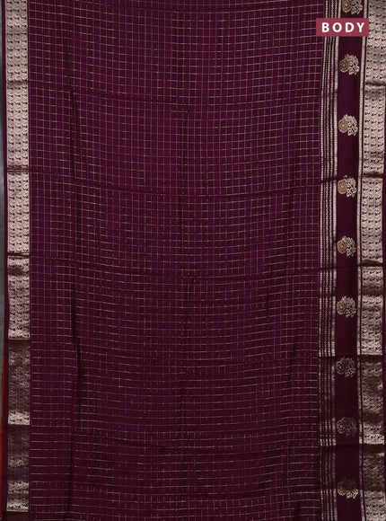 Semi chanderi saree wine shade and rust shade with allover zari checked pattern and rettapet zari woven butta border