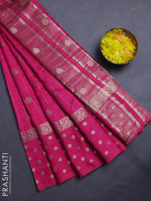 Semi chanderi saree pink and maroon with allover zari checks & buttas and rettapet zari woven butta border