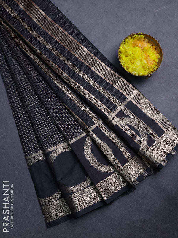 Semi chanderi saree black and red with allover zari checked pattern and rettapet zari woven butta border