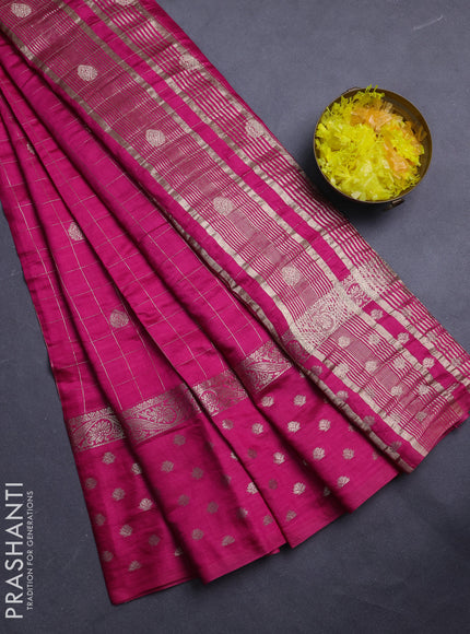 Semi chanderi saree pink and maroon with allover zari checks & buttas and long zari woven butta border