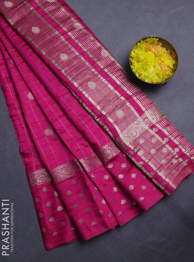 Semi chanderi saree pink and maroon with allover zari checks & buttas and long zari woven butta border