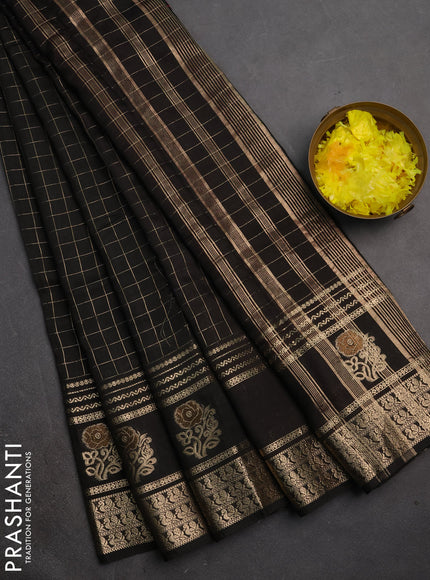 Semi chanderi saree black and maroon and long rettapet zari woven border and rettapet zari woven butta border