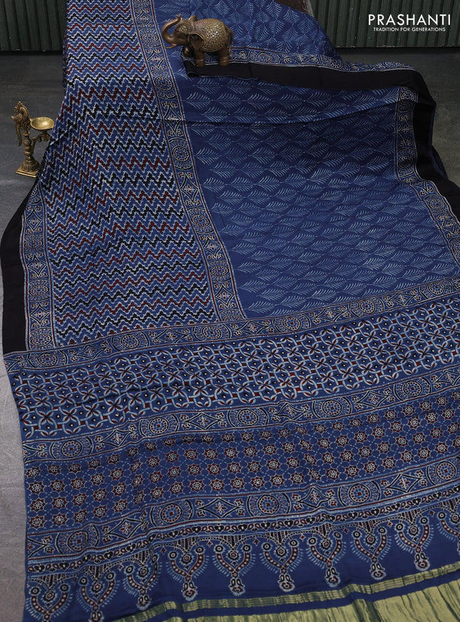 Modal silk saree indigo blue and black with allover ajrakh prints and printed border