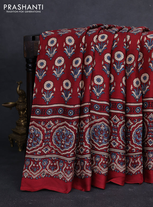 Modal silk saree maroon with allover ajrakh prints and printed border