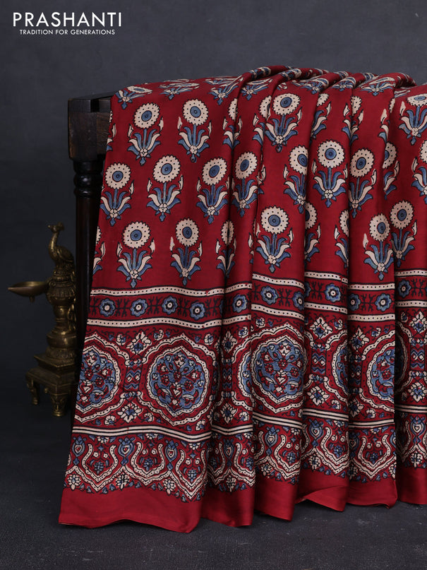 Modal silk saree maroon with allover ajrakh prints and printed border