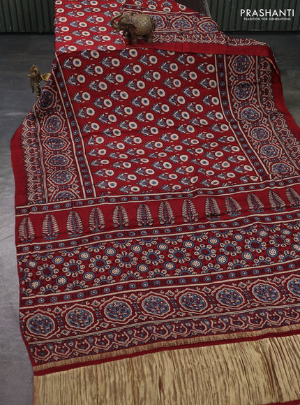 Modal silk saree maroon with allover ajrakh prints and printed border