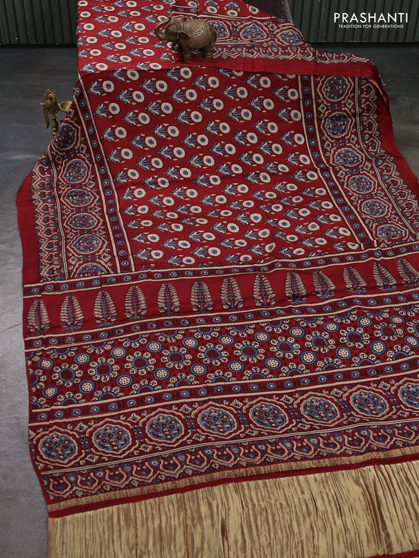 Modal silk saree maroon with allover ajrakh prints and printed border