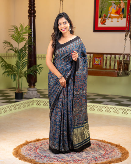 Modal silk saree indigo blue and black with allover ajrakh prints and printed border