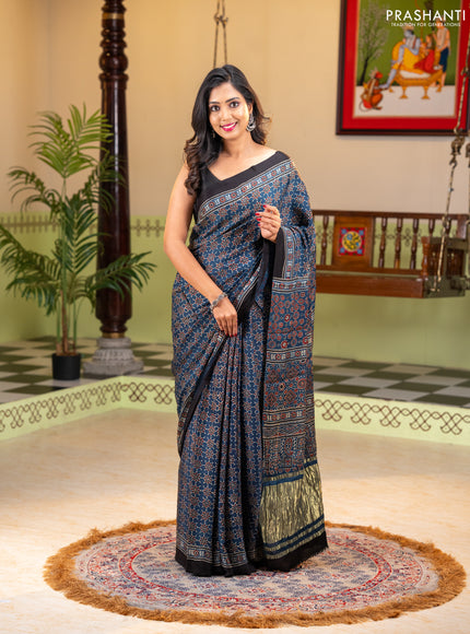 Modal silk saree indigo blue and black with allover ajrakh prints and printed border