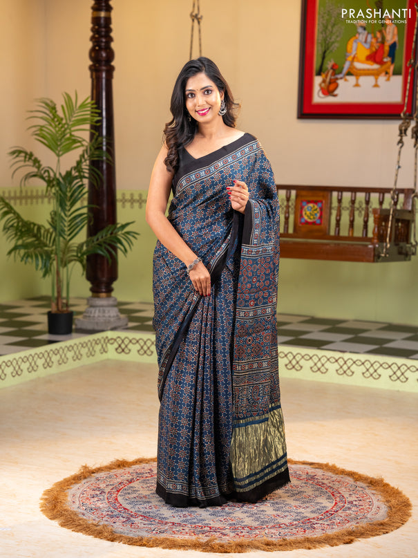 Modal silk saree indigo blue and black with allover ajrakh prints and printed border