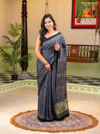 Modal silk saree indigo blue and black with allover ajrakh prints and printed border