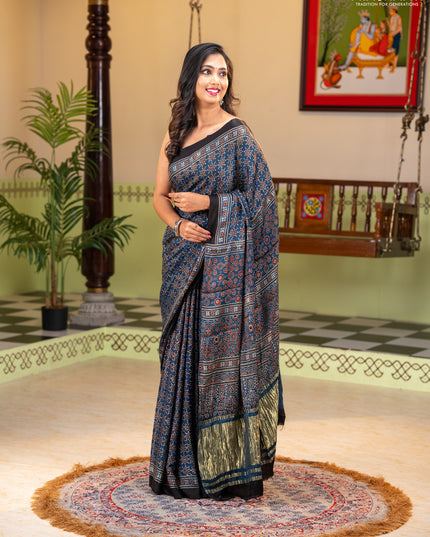 Modal silk saree indigo blue and black with allover ajrakh prints and printed border