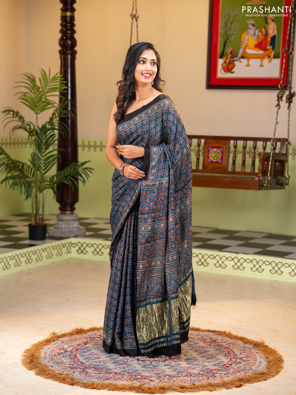 Modal silk saree indigo blue and black with allover ajrakh prints and printed border