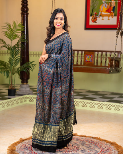 Modal silk saree indigo blue and black with allover ajrakh prints and printed border