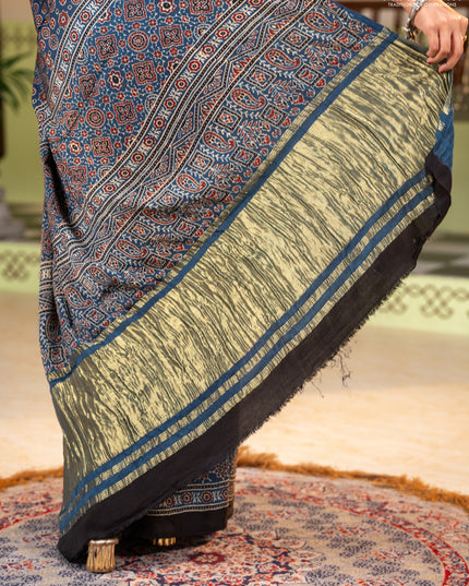 Modal silk saree indigo blue and black with allover ajrakh prints and printed border