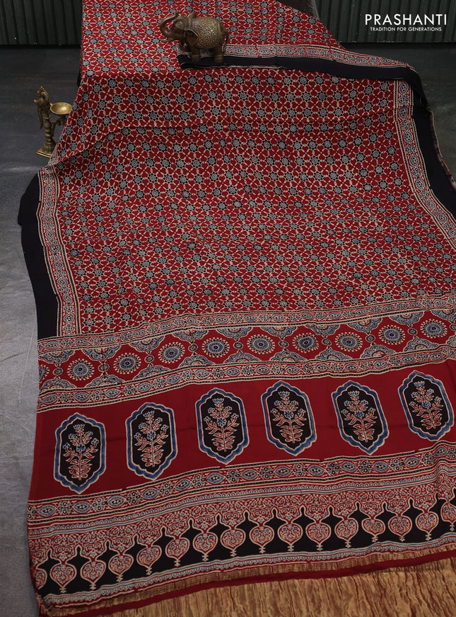 Modal silk saree maroon and black with allover ajrakh prints and printed border