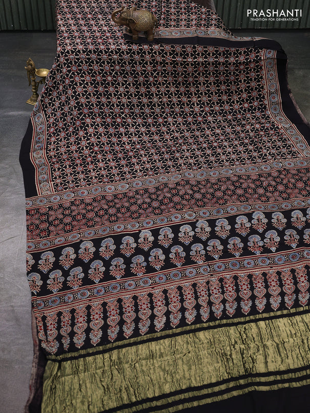 Modal silk saree black with allover ajrakh prints and printed border