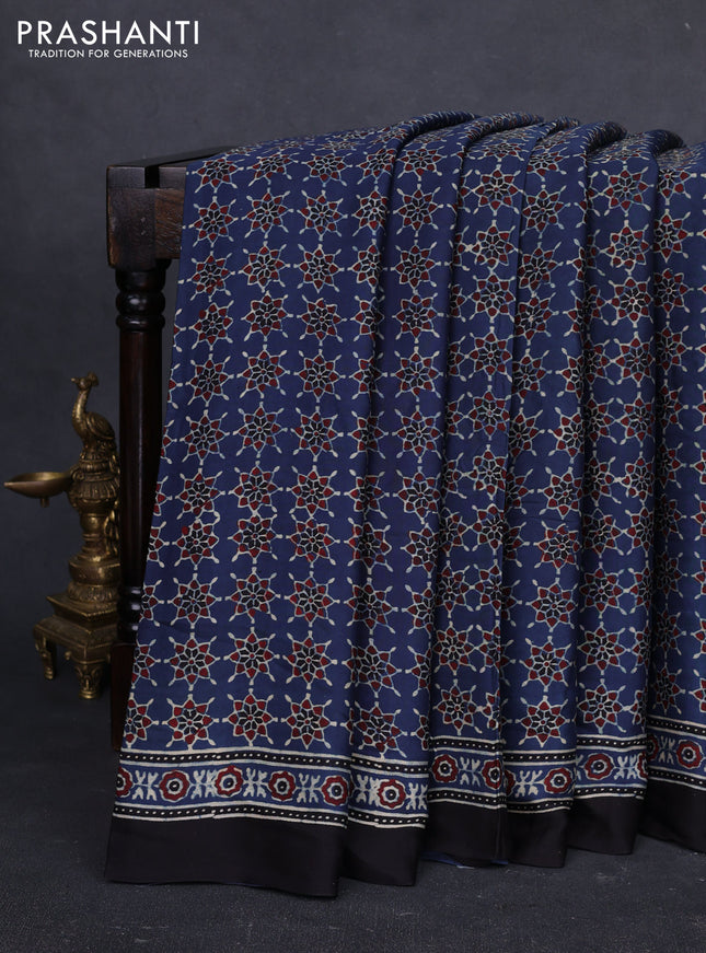 Modal silk saree indigo blue and black with allover ajrakh prints and printed border