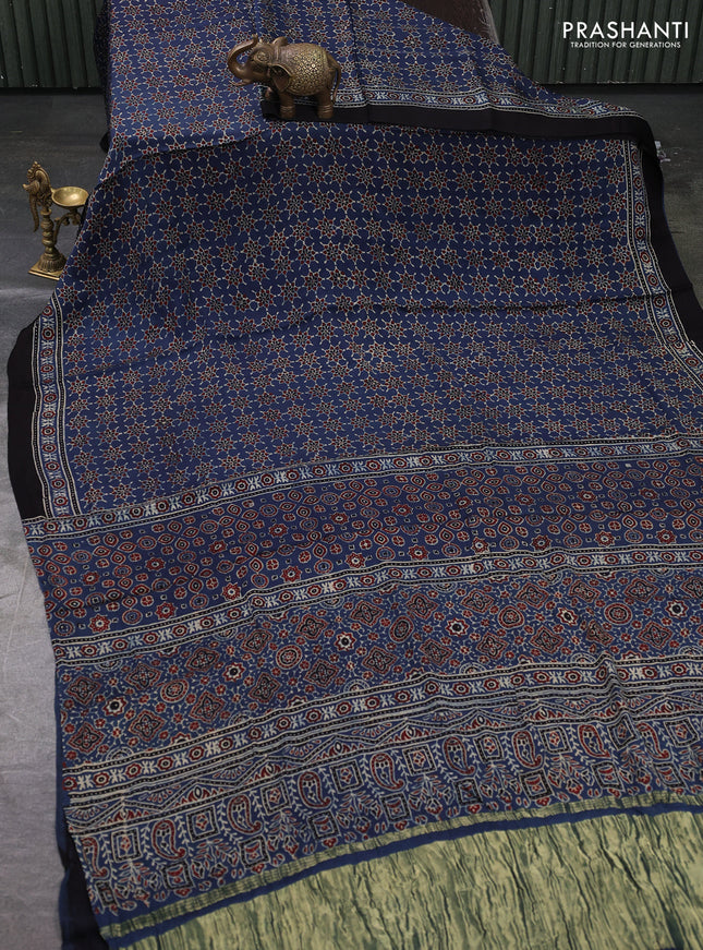 Modal silk saree indigo blue and black with allover ajrakh prints and printed border