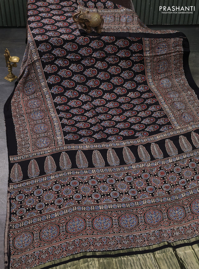 Modal silk saree black with allover ajrakh prints and printed border