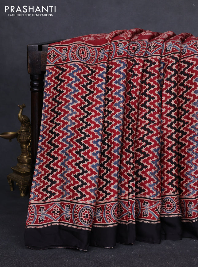 Modal silk saree maroon and black with allover ajrakh prints and printed border