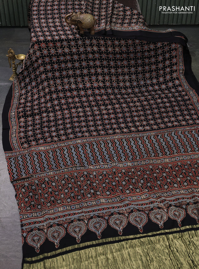 Modal silk saree black with allover ajrakh prints and printed border