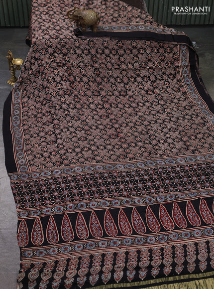 Modal silk saree black with allover ajrakh prints and printed border