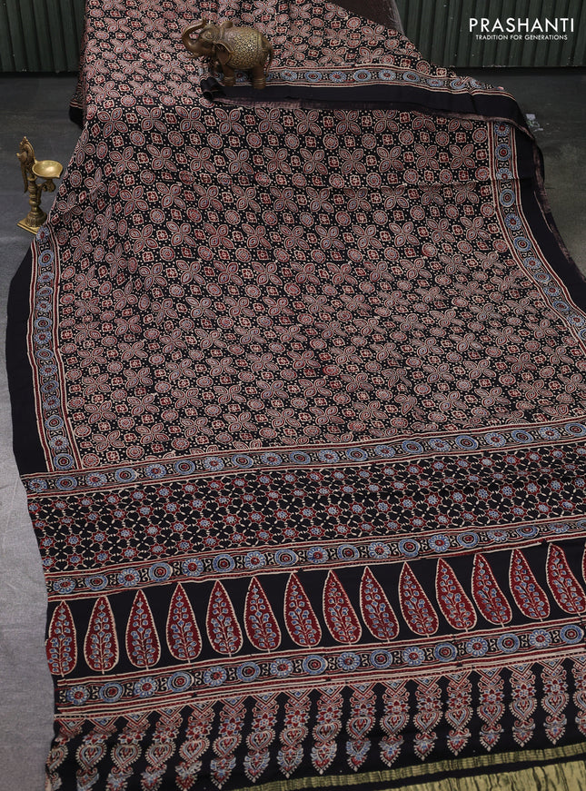 Modal silk saree black with allover ajrakh prints and printed border