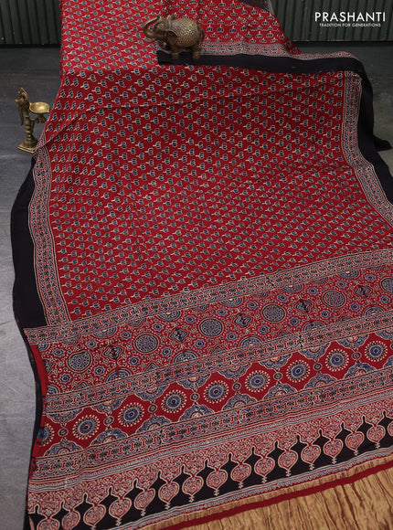 Modal silk saree maroon and black with allover ajrakh prints and printed border