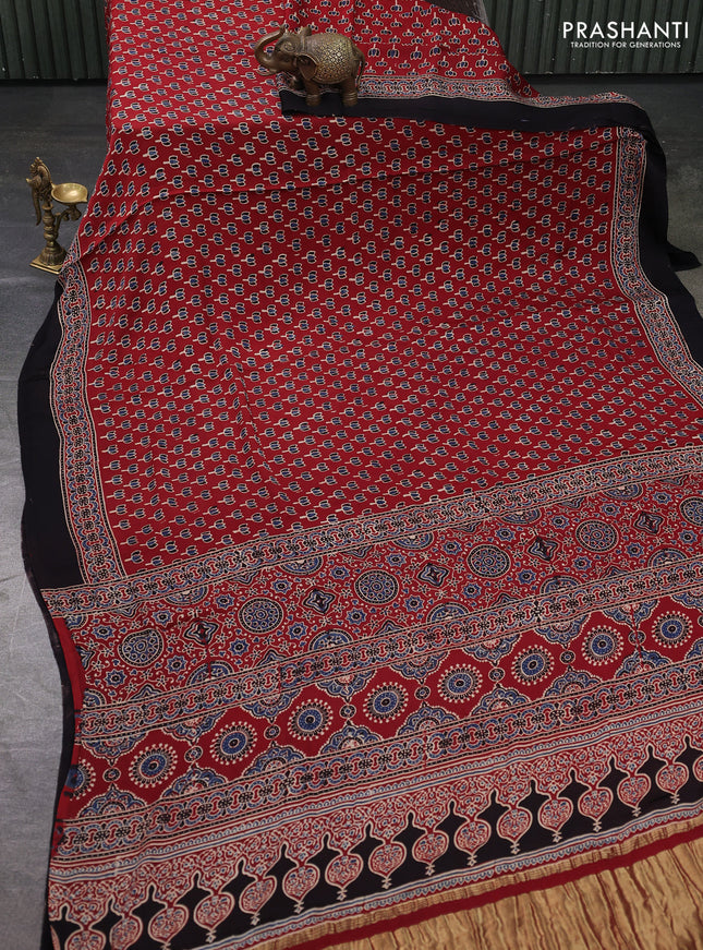 Modal silk saree maroon and black with allover ajrakh prints and printed border