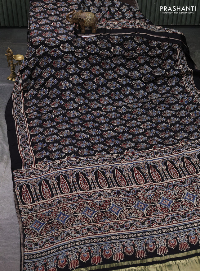 Modal silk saree black with allover ajrakh prints and printed border