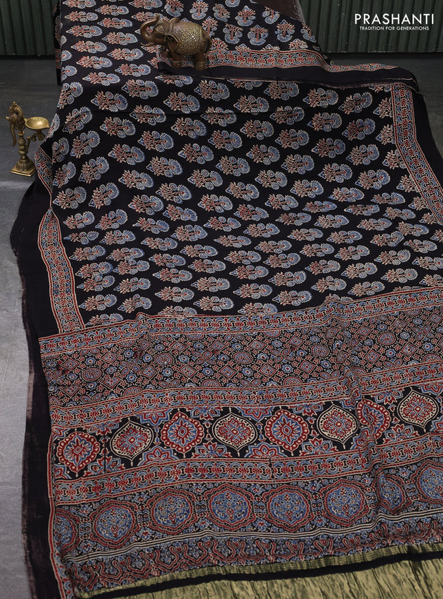 Modal silk saree black with allover ajrakh prints and printed border