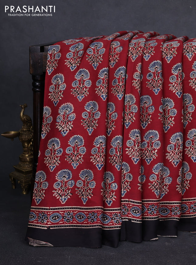 Modal silk saree maroon and black with allover ajrakh prints and printed border