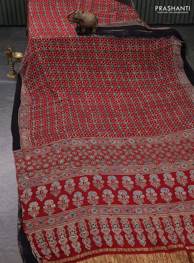 Modal silk saree maroon and black with allover ajrakh prints and printed border