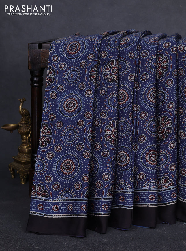 Modal silk saree indigo blue and black with allover ajrakh prints and printed border