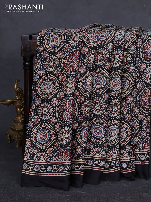 Modal silk saree black with allover ajrakh prints and printed border