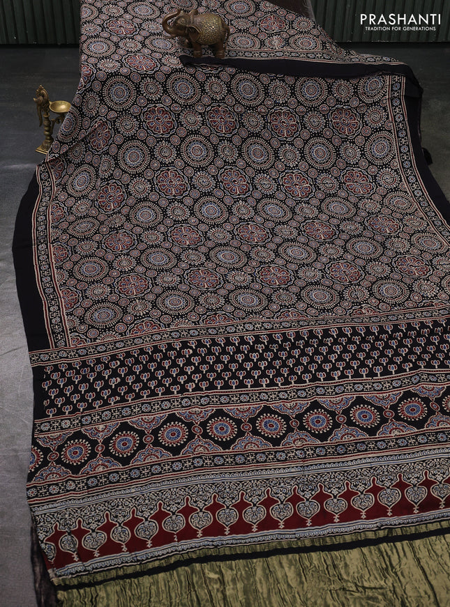 Modal silk saree black with allover ajrakh prints and printed border