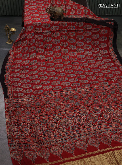 Modal silk saree maroon and black with allover ajrakh prints and printed border