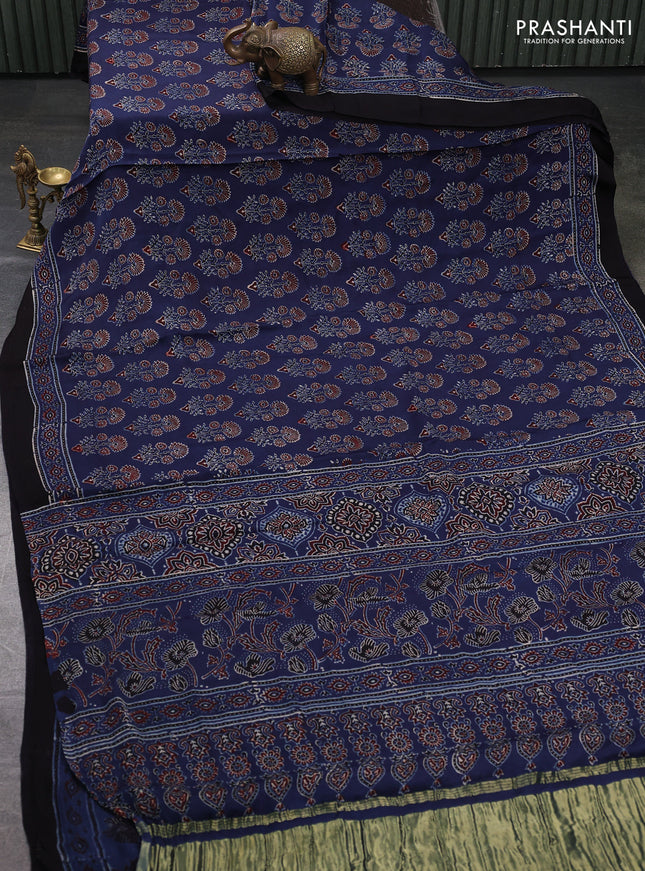 Modal silk saree indigo blue and black with allover ajrakh prints and printed border