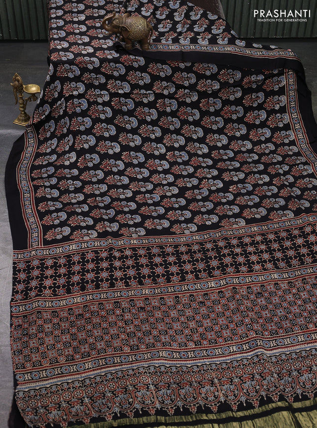 Modal silk saree black with allover ajrakh prints and printed border