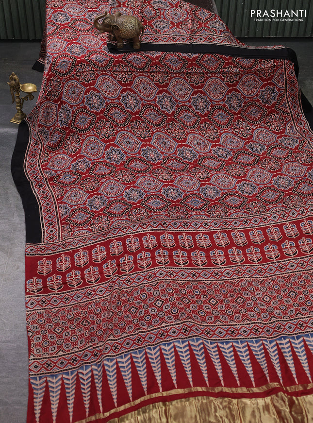 Modal silk saree maroon and black with allover ajrakh prints and printed border