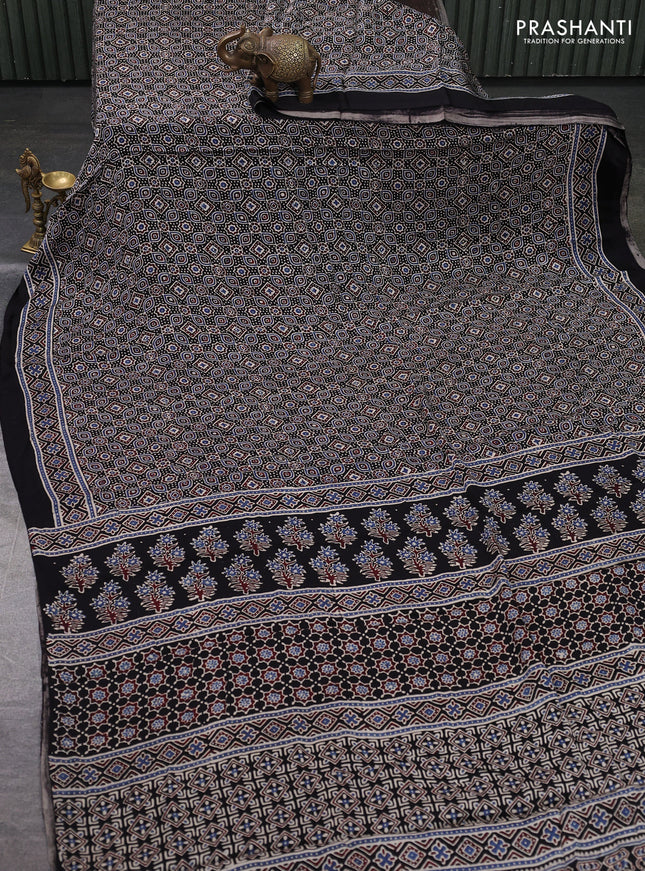 Modal silk saree black with allover ajrakh prints and printed border