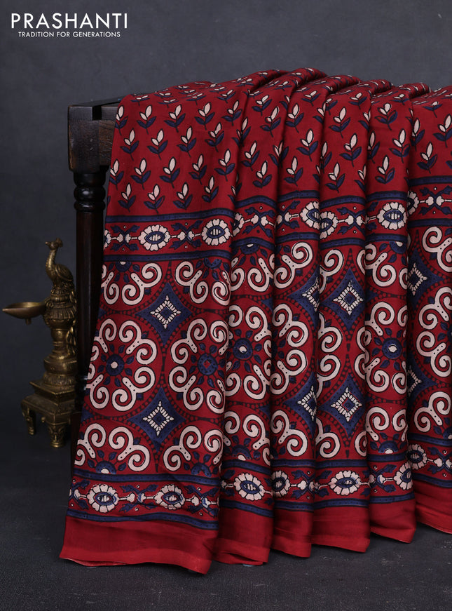 Modal silk saree maroon with allover ajrakh prints and printed border