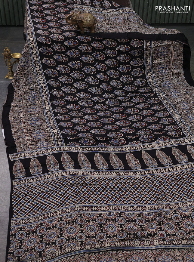 Modal silk saree black with allover ajrakh prints and long printed border