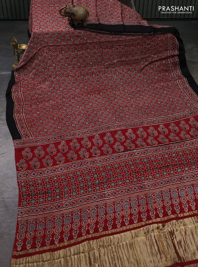 Modal silk saree maroon and black with allover ajrakh prints and printed border