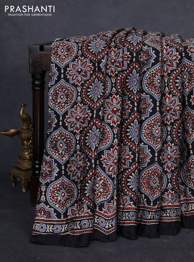 Modal silk saree black with allover ajrakh prints and printed border