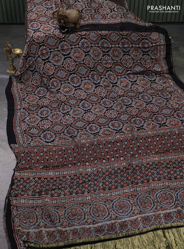 Modal silk saree black with allover ajrakh prints and printed border