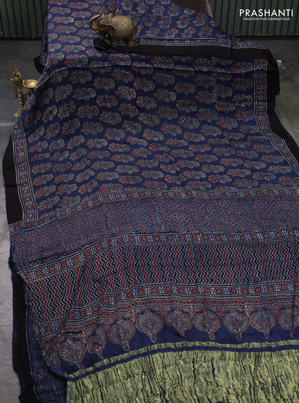 Modal silk saree indigo blue and black with allover ajrakh prints and printed border
