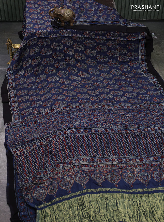 Modal silk saree indigo blue and black with allover ajrakh prints and printed border